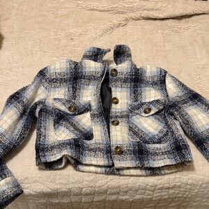 Plaid Button Up Jacket in Blue and Cream